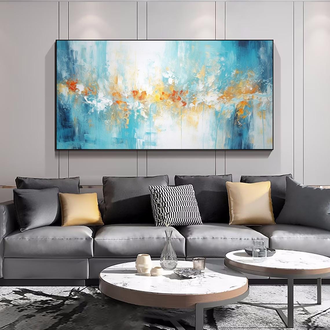 Turquoise Blue Abstract Oil Painting With Golden Amber Accents Poster - Image 4