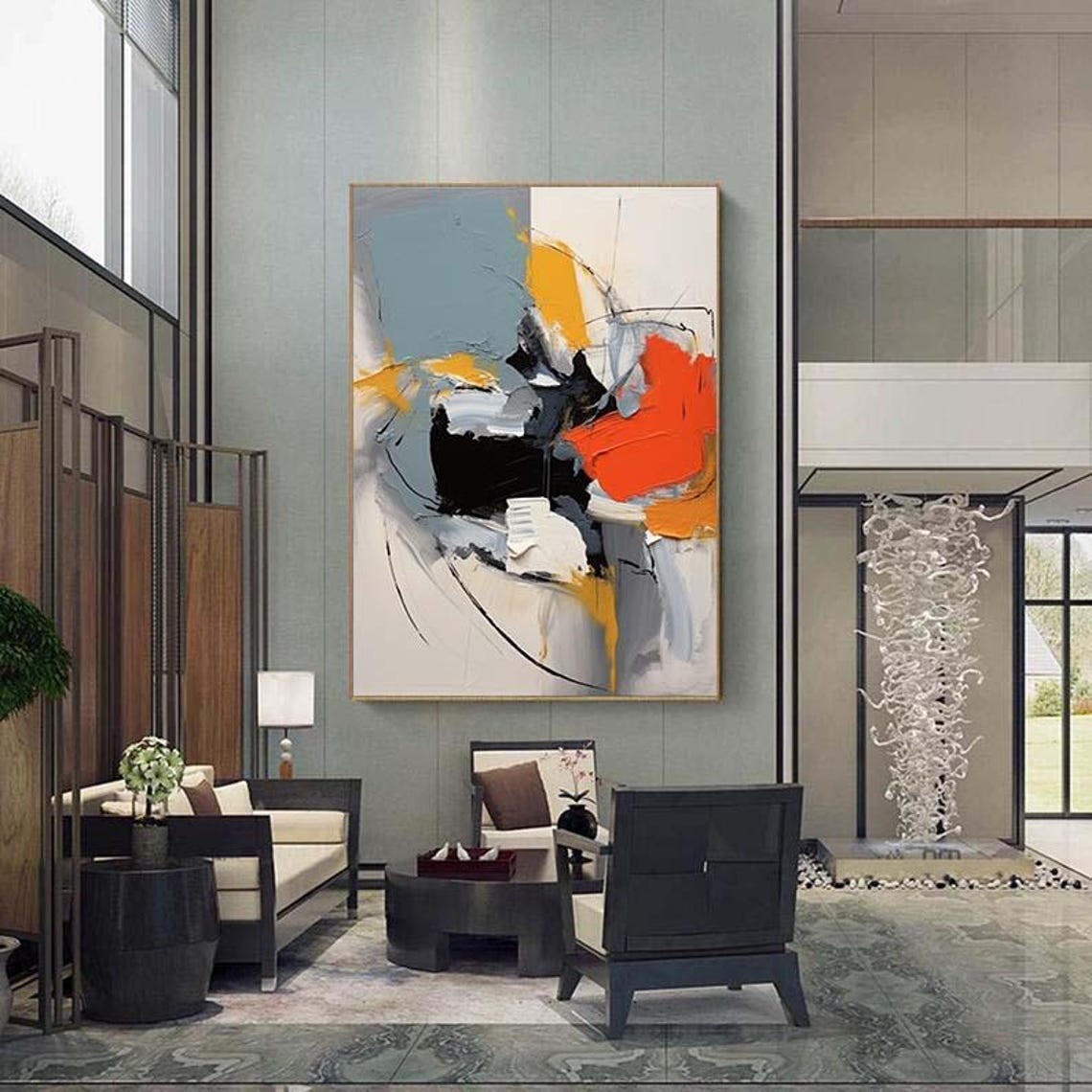 Orange Blue Black Bold Modern Abstract 3D Textured Painting Poster - Image 5
