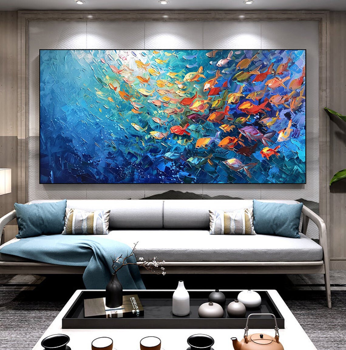 School of Colorful Fish Deep Blue Ocean Impasto Textured Wall Poster - Image 2