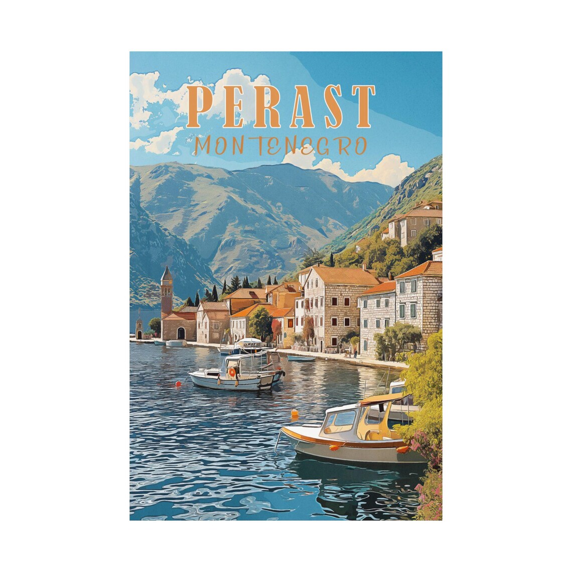 Perast Montenegro Bay Boats Stone Houses Vintage Travel Poster