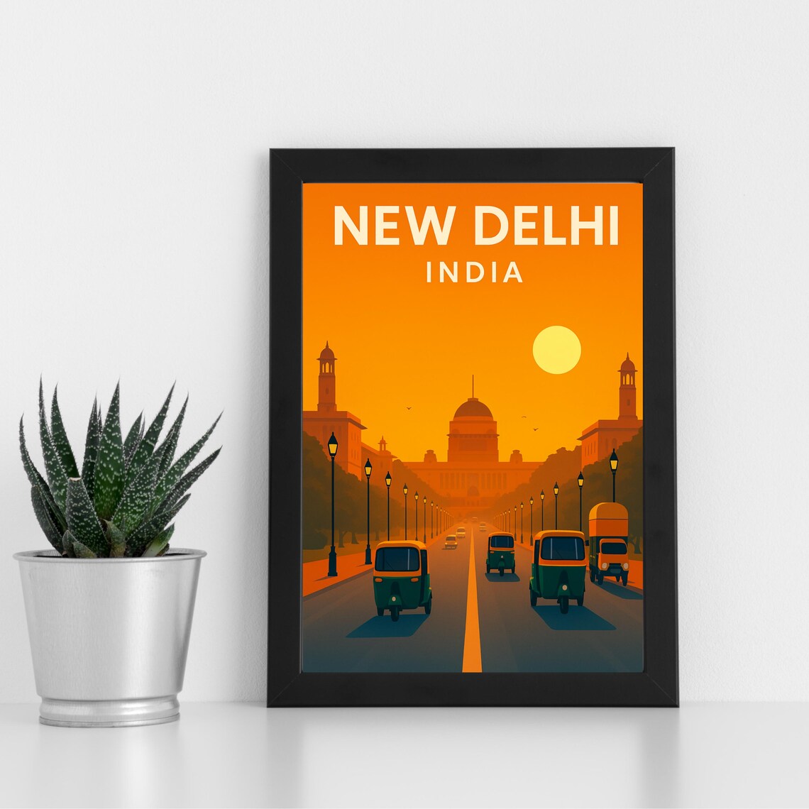 New Delhi Sunset Avenue Auto Rickshaw Dusk Travel Art Poster