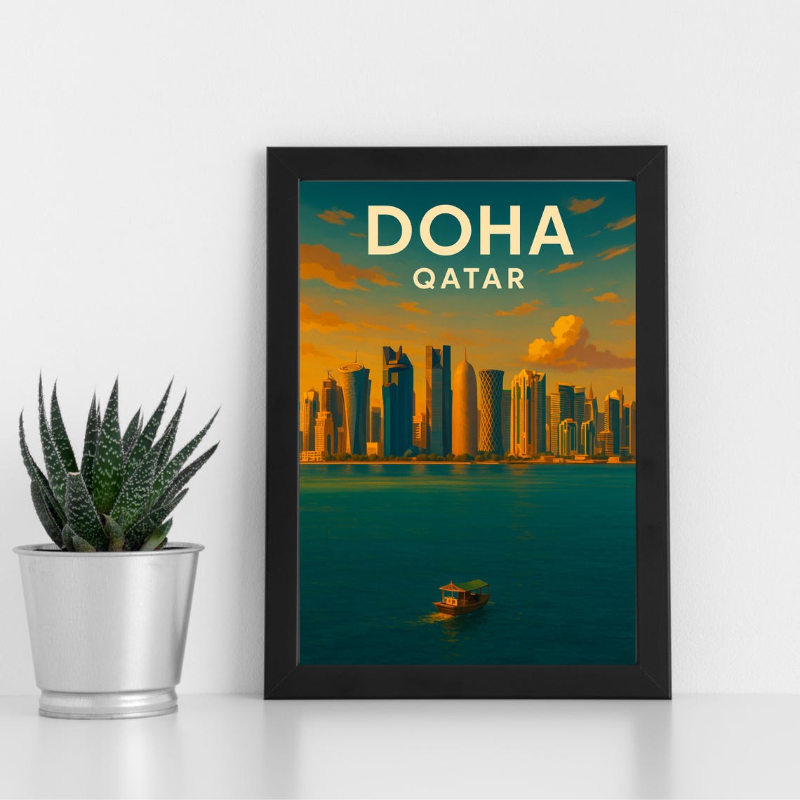 Doha Qatar Corniche Skyline Sunset Traditional Dhow Boat Scene Poster