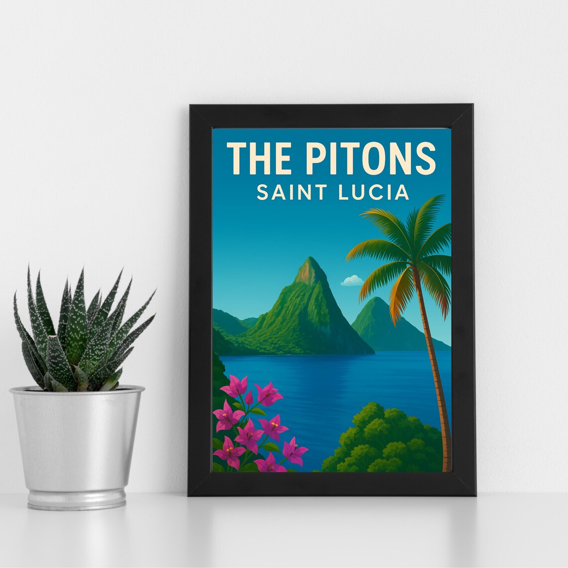 Pitons Print Artwork L St Lucia Central America Custom Poster Postcard Framed Greeting Card Portrait