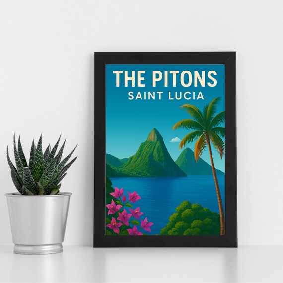 Pitons Print Artwork L St Lucia Central America Custom Poster Postcard Framed Greeting Card Portrait