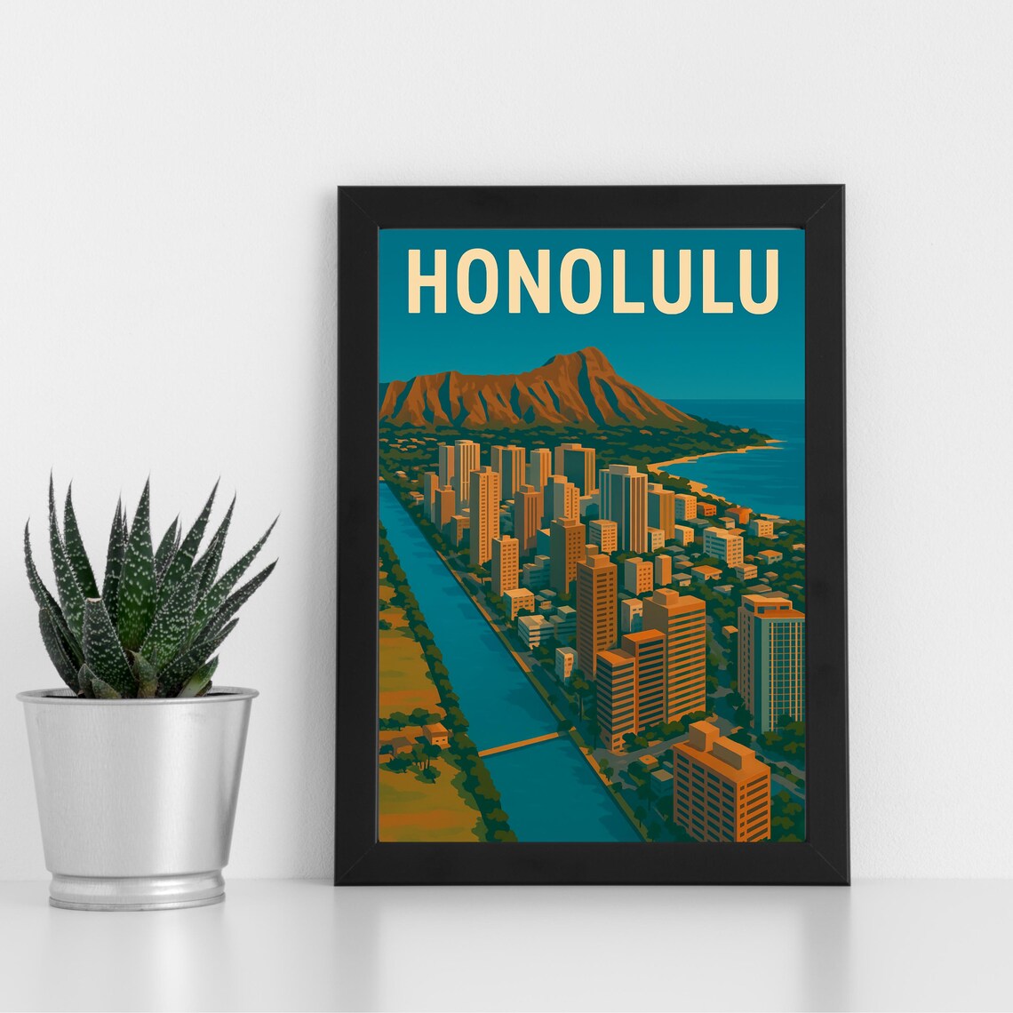 Honolulu Hawaii Diamond Head Waikiki Skyline Island Travel Poster