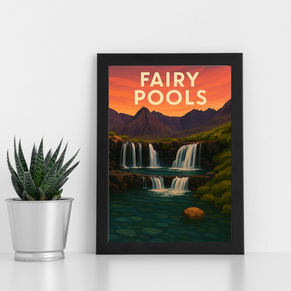 Fairy Pools Waterfalls Sunset Isle of Skye Vintage Travel Poster