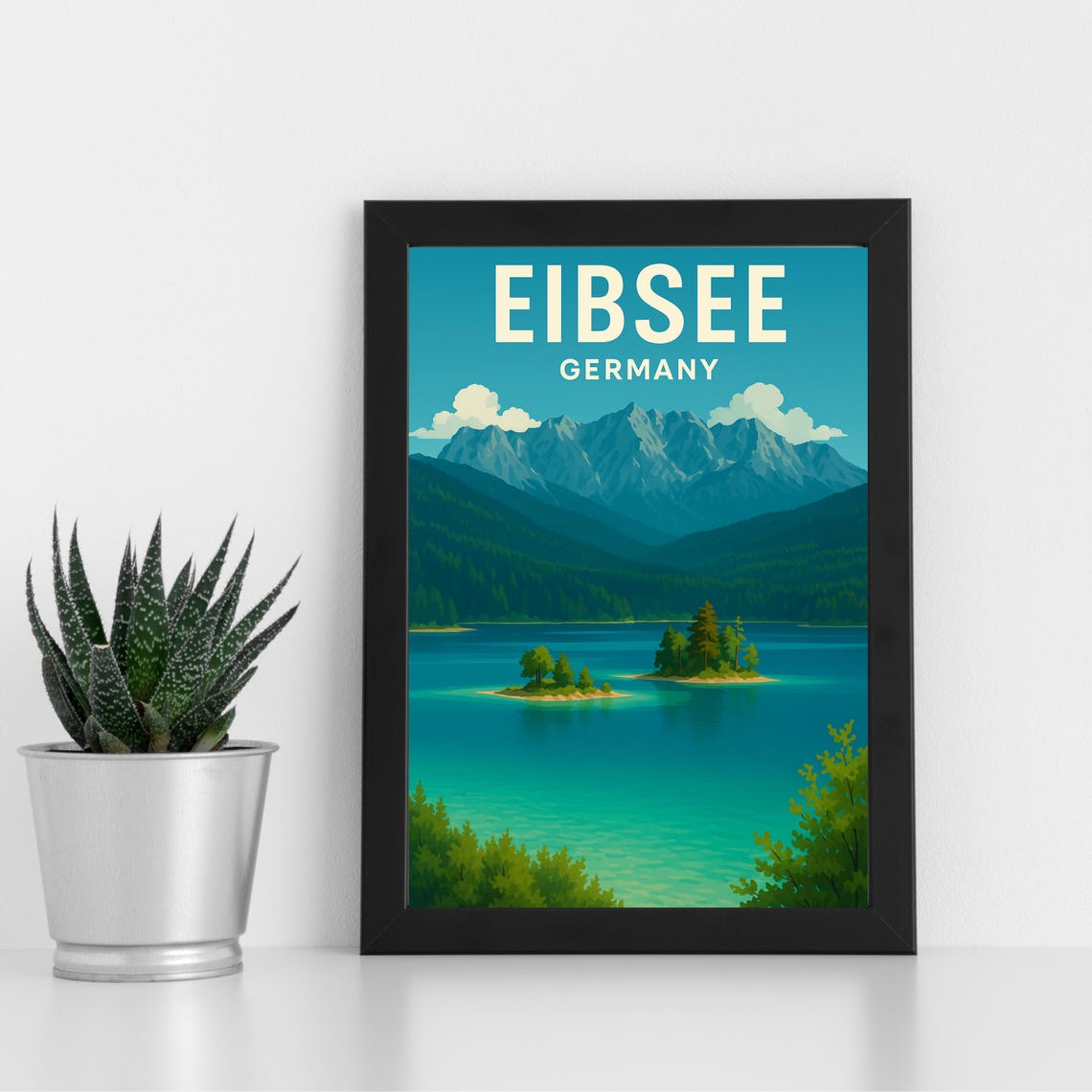 Eibsee Germany Turquoise Lake Islands Mountain Retro Travel Poster