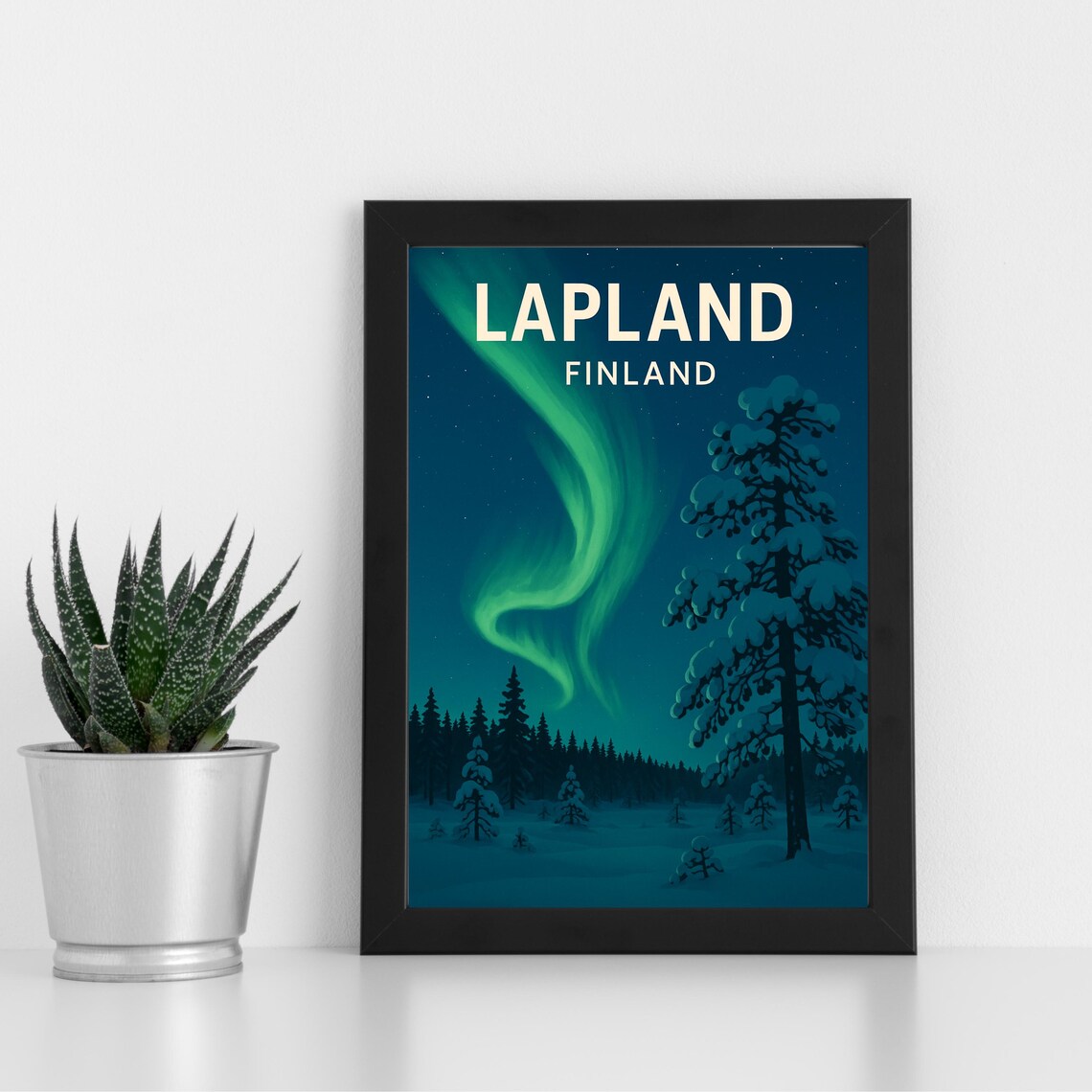 Lapland Finland Northern Lights Snowy Forest Vintage Travel Poster