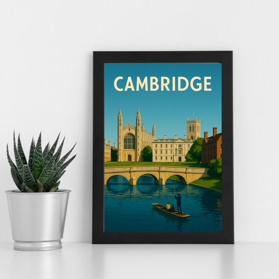 Cambridge England Punting on the Cam Retro University Travel Poster