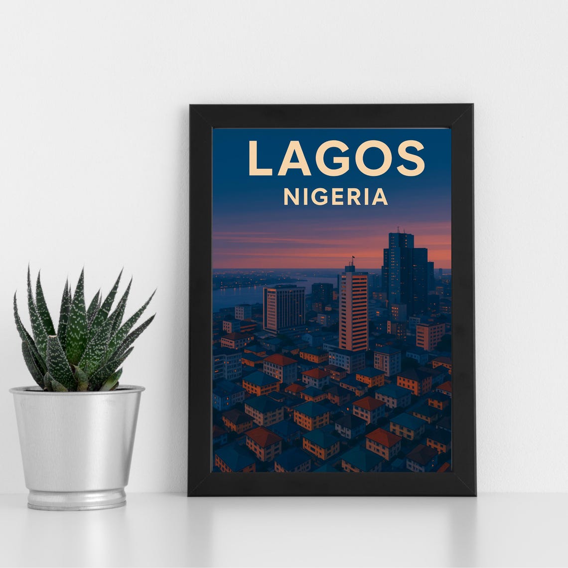 Lagos Nigeria Dusk Skyline Vintage Retro Travel Cityscape Poster