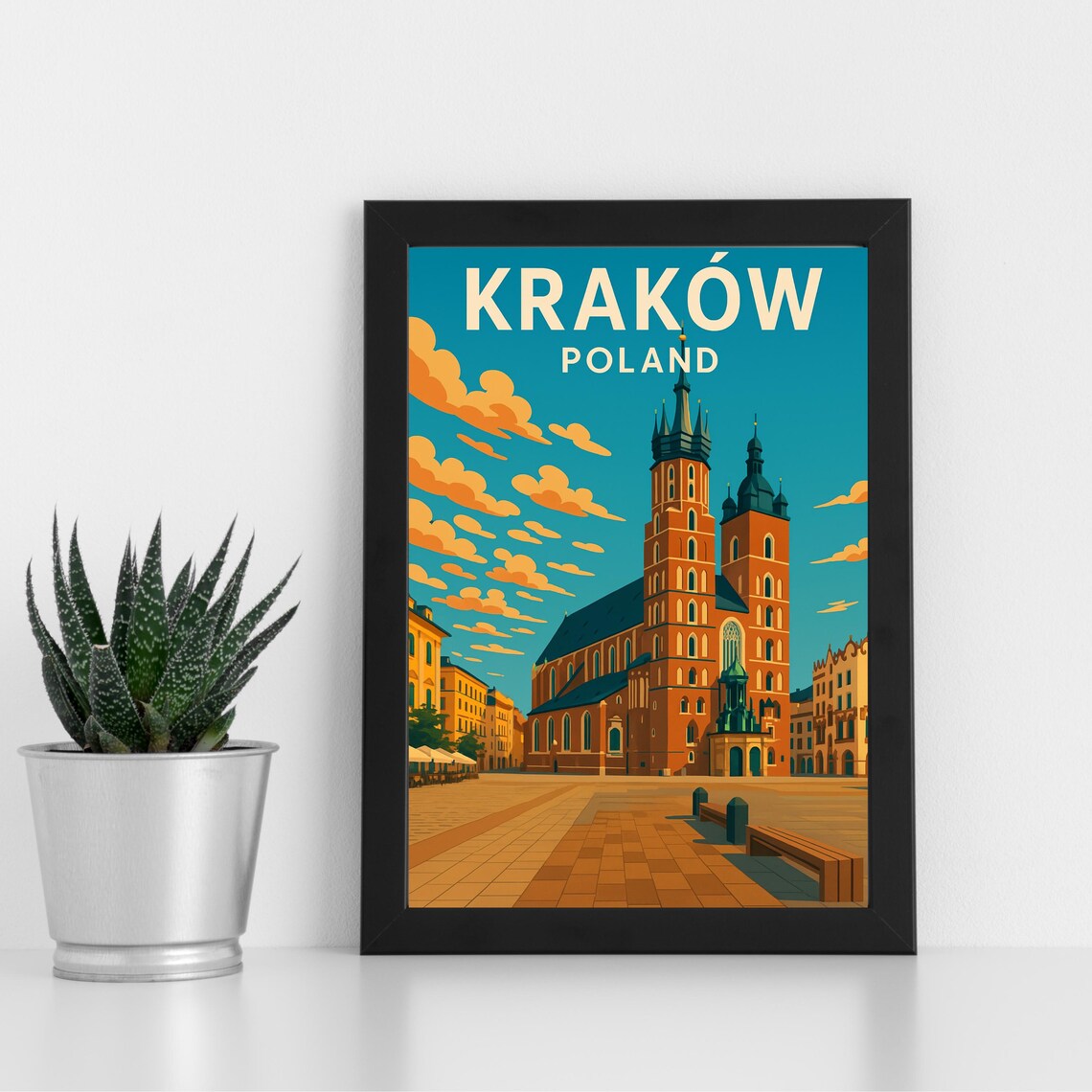 Krakow Poland St Marys Basilica Old Town Square Vintage Art Poster
