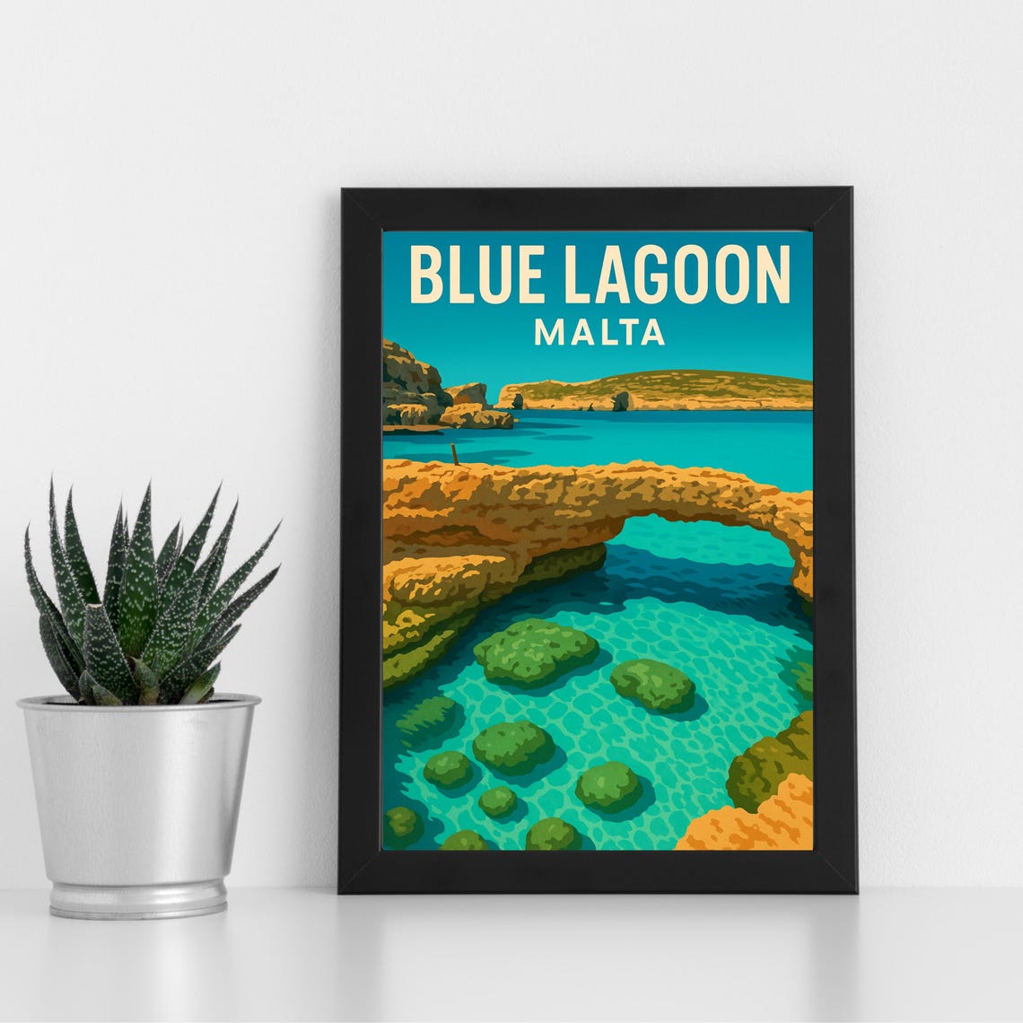 Blue Lagoon Malta Turquoise Water Rock Arch Vintage Travel Poster