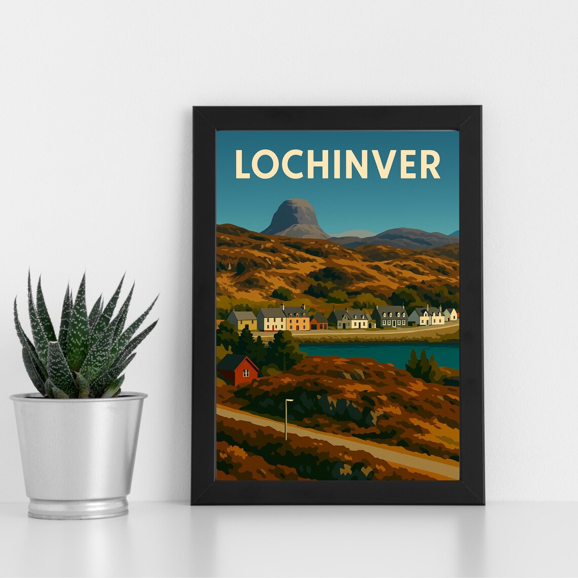 Lochinver Scottish Highlands Retro Village Harbour Poster Art
