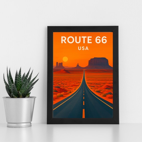 Route 66 USA Desert Highway to Monument Valley Vintage Travel Poster