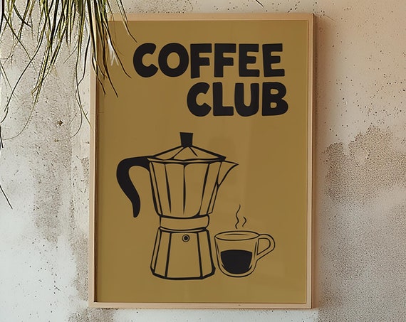 Coffee Club Print Retro Espresso Machine Poster Coffee Culture Bar Cart Art Modern Kitchen Poster Mustard Caf Art Fun Barista Lover Print