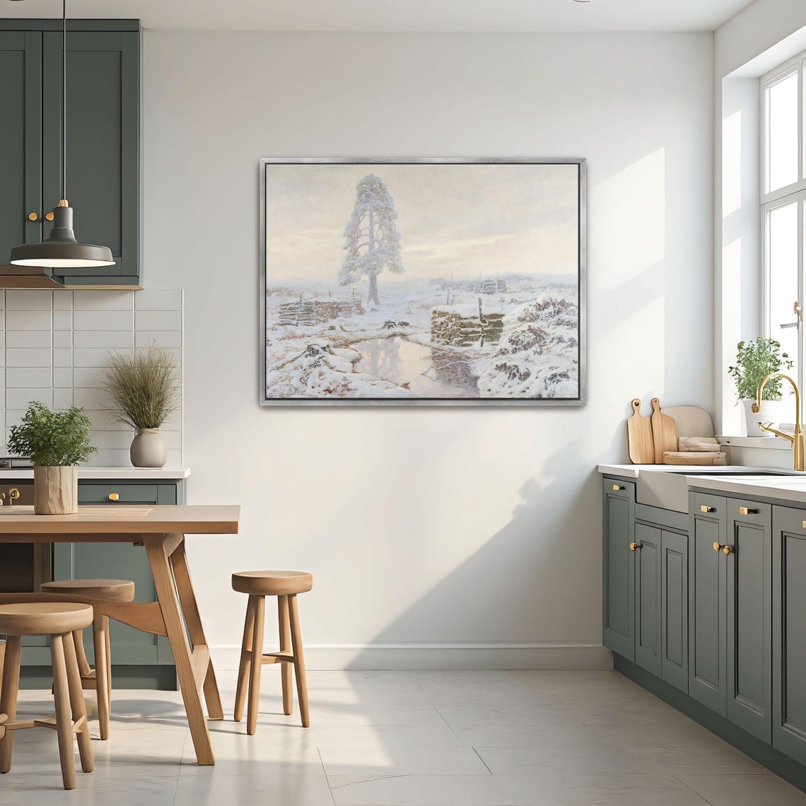 Snowy Landscape with Lone Pine Tree Frozen Stream Winter Poster - Image 3