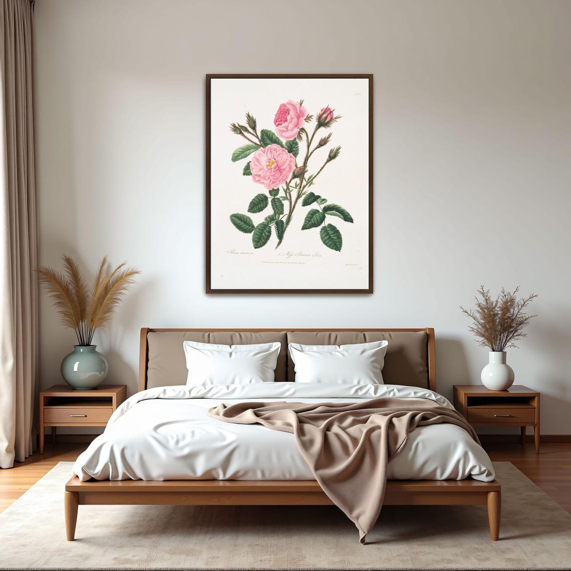 Pink Rose Stem With Buds Classic Botanical Illustration Art Poster