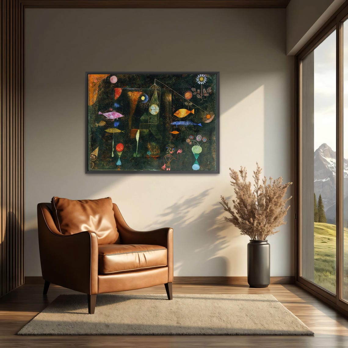 Paul Klee Framed Wall Art Surrealist Painting Of Fish And Flowers Geometric Print Black And Green Entryway Artwork - Image 3