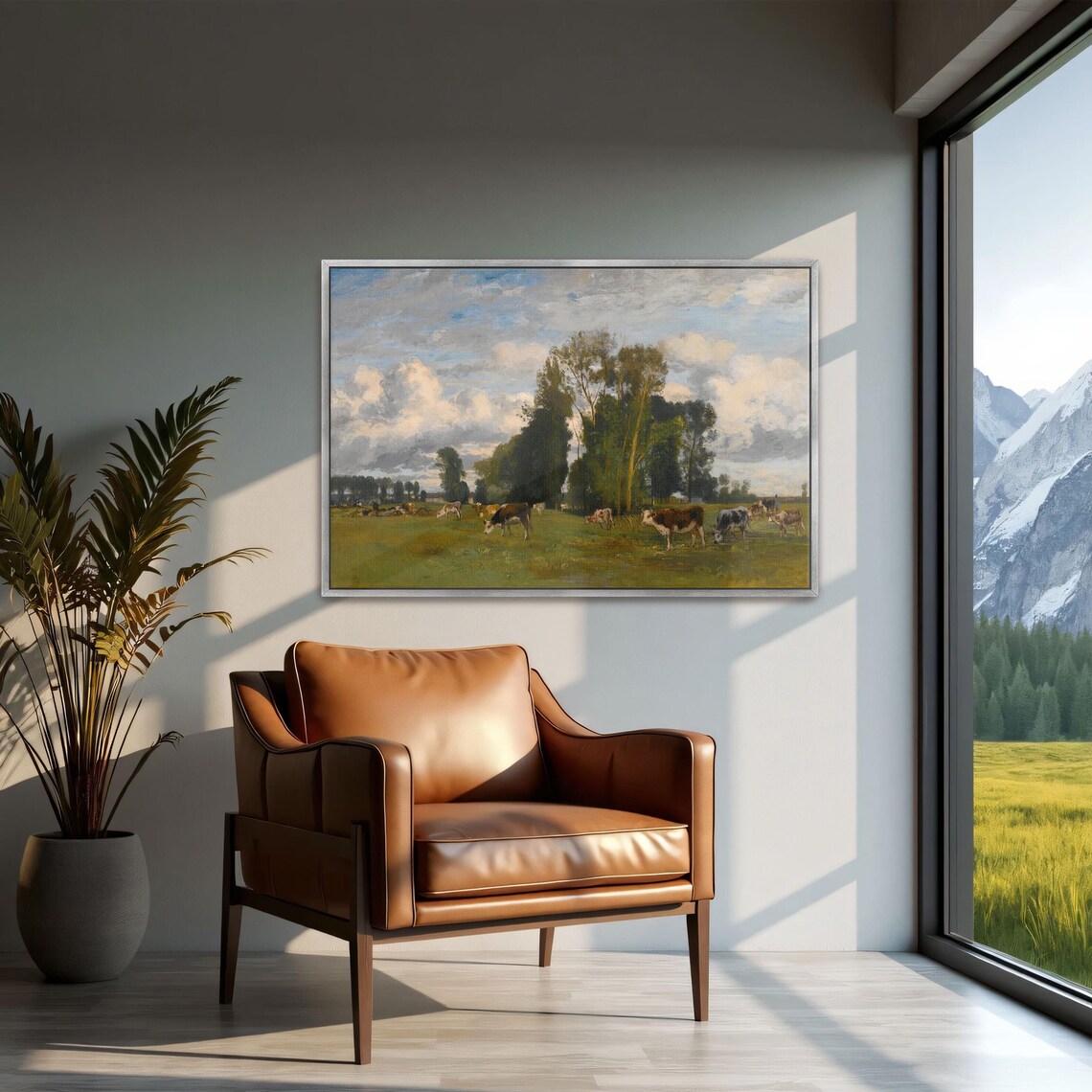 Cattle Grazing in a Green Meadow Under Tall Trees Vintage Art Print - Image 2