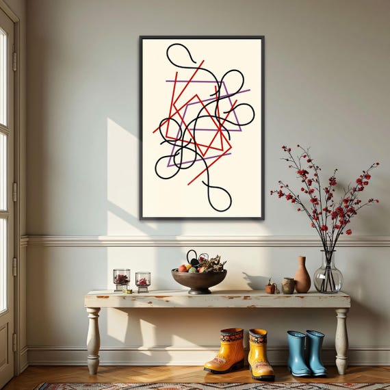 Framed Print Of Abstract Art With Lines And Shapes Geometric Print Black And Red Bedroom Decor Minimalist Illustration