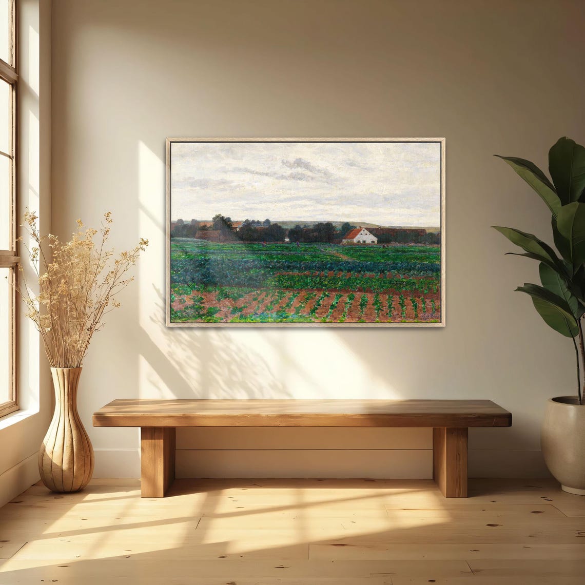 Framed Wall Art Of Farmhouse In A Field With Cloudy Sky Landscape Wall Art Green And Brown Entryway Art Rustic Oil Painting - Image 4