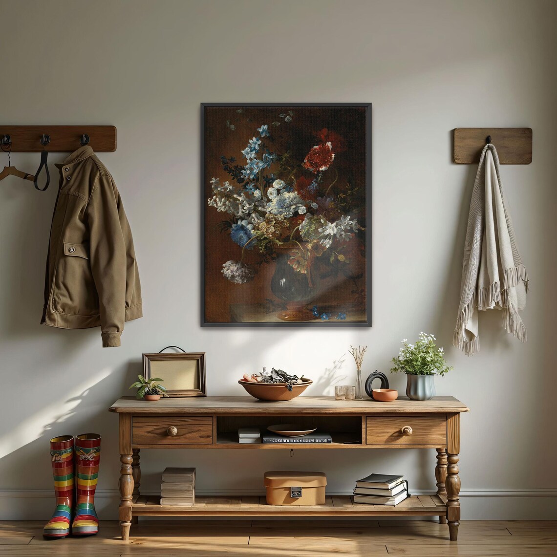 Dutch Floral Still Life With Blue and Red Blooms in Vase Poster