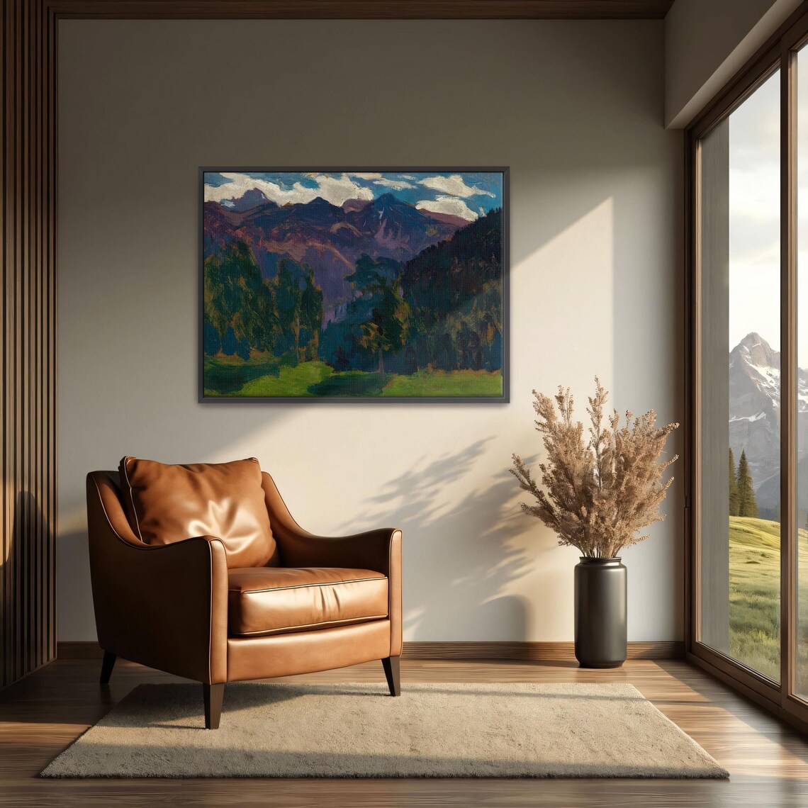 Framed Print Of Forest And Mountain Landscape Mountain Wall Art Green And Blue Living Room Art Print Rustic Oil Painting - Image 4