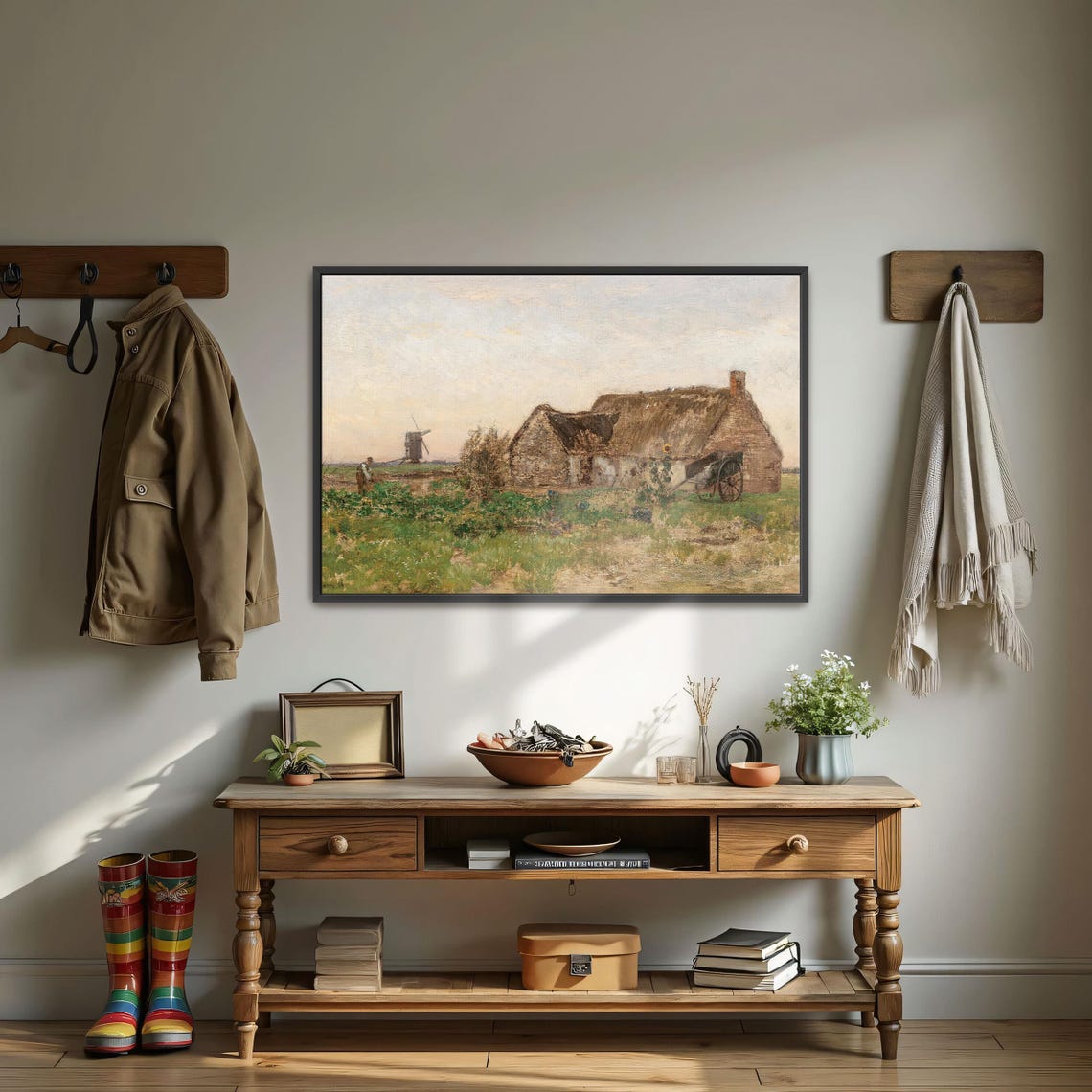 Thatched Farmhouse and Windmill Rural Field Vintage Art Poster - Image 4