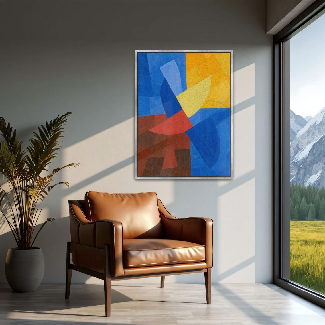 Framed Print Of Abstract Geometric Painting Geometric Print Blue And Yellow Entryway Artwork Minimalist Oil Painting - Image 2