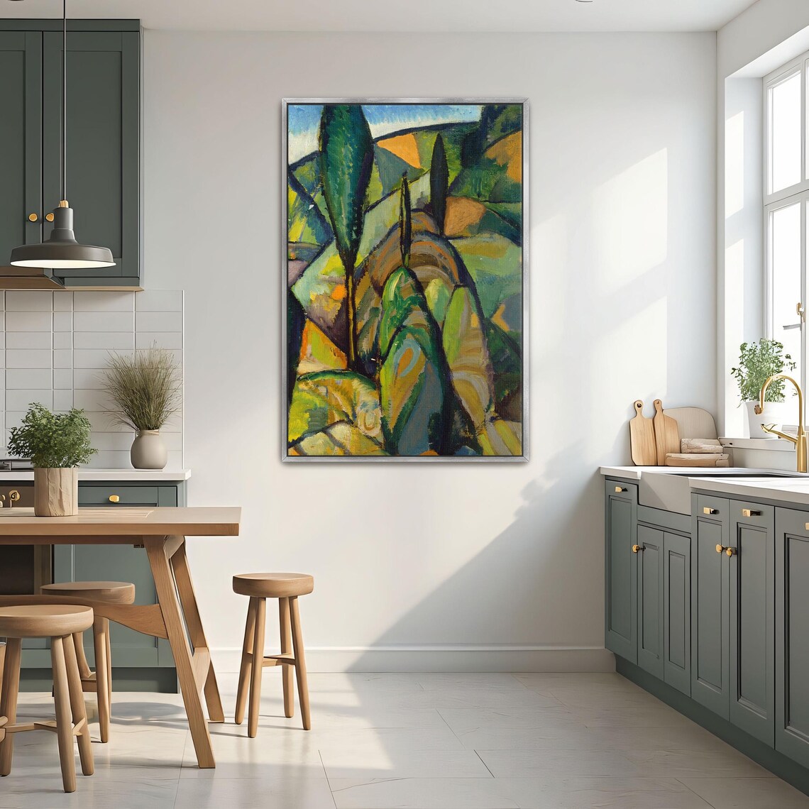 Framed Print Of Abstract Landscape With Trees Landscape Print Green And Blue Entryway Artwork Art Deco Oil Painting - Image 2