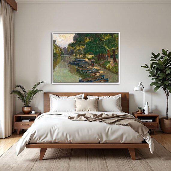 Framed Wall Art Of River Scene With Boats And Trees Landscape Wall Art Green And Blue Bedroom Artwork Art Nouveau Oil Painting