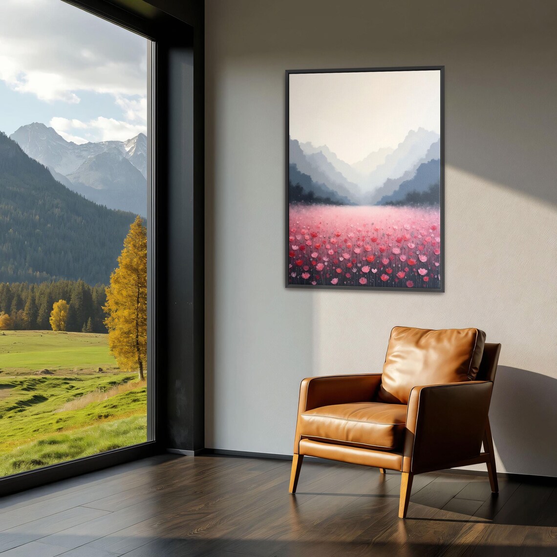 Pink Flower Field beneath Misty Blue Mountains Landscape Poster - Image 3