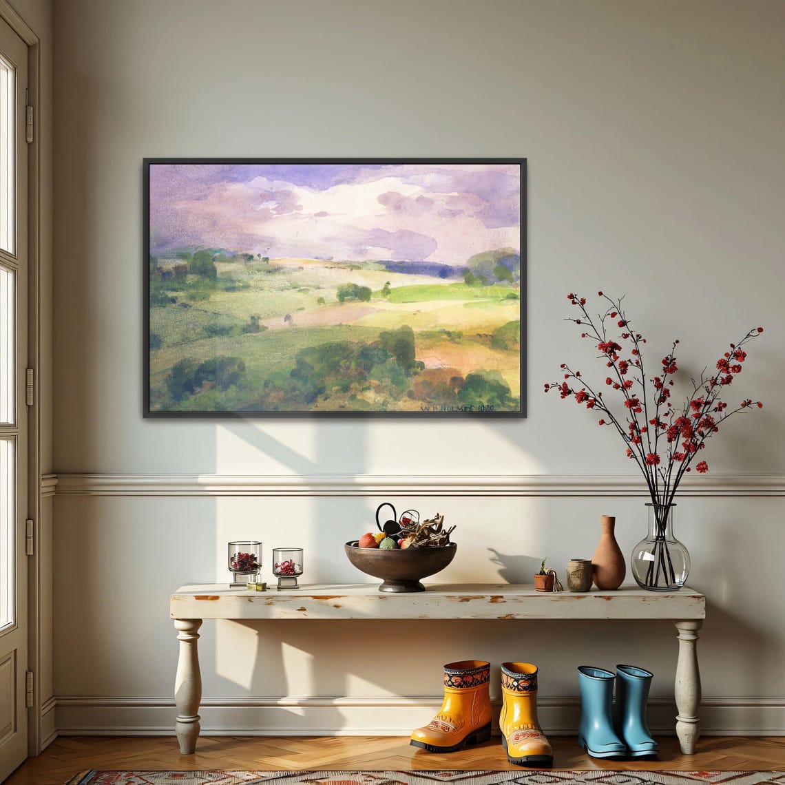 Rolling Green Hills Under Purple Cloudy Sky Watercolor Art Poster - Image 4