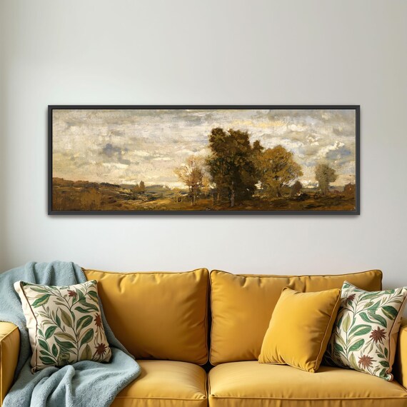 Cloudy Sky Over A Field Of Trees Panoramic Wall Art Horizontal Framed Art Above Bed Wall Art Bedroom And Living Room Art Wide Narrow