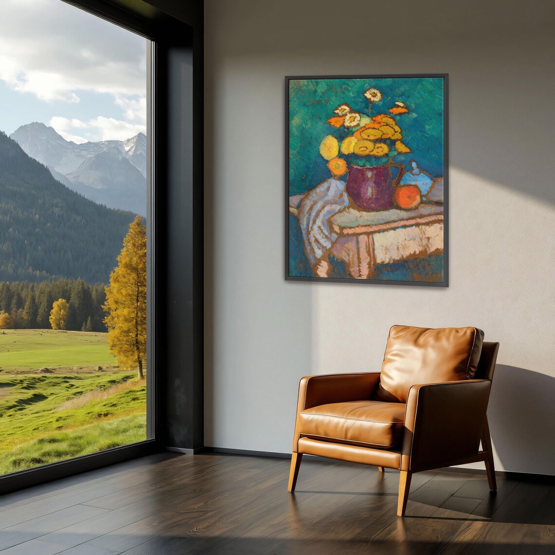 Yellow Flowers In A Purple Jug On A Table Still Life Painting Poster - Image 3