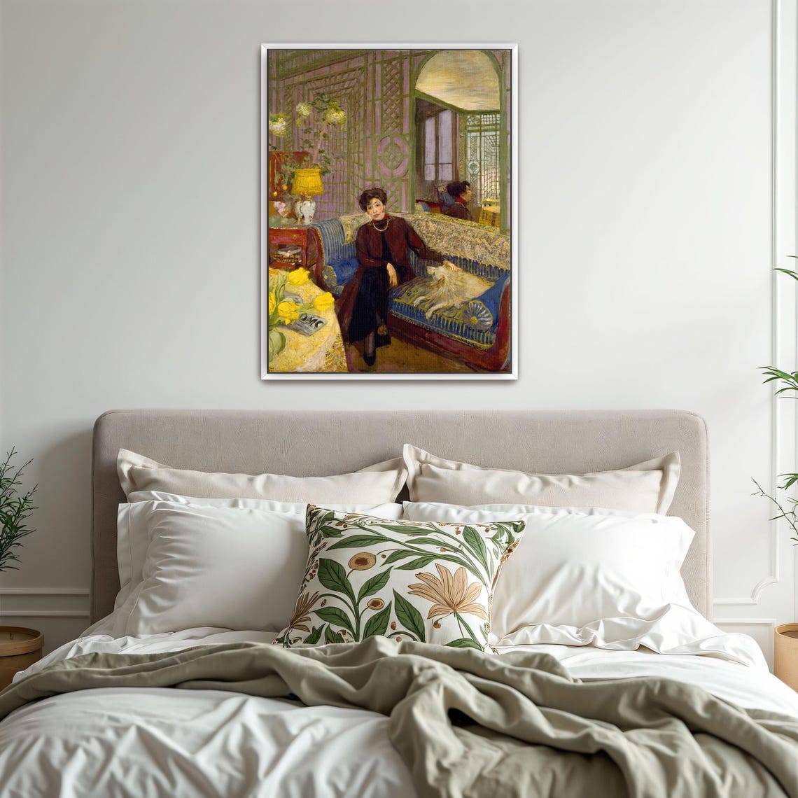 Framed Print Of Woman With Dog On A Blue Couch Portrait Print Blue And Brown Bedroom Art Print Bohemian Oil Painting - Image 3