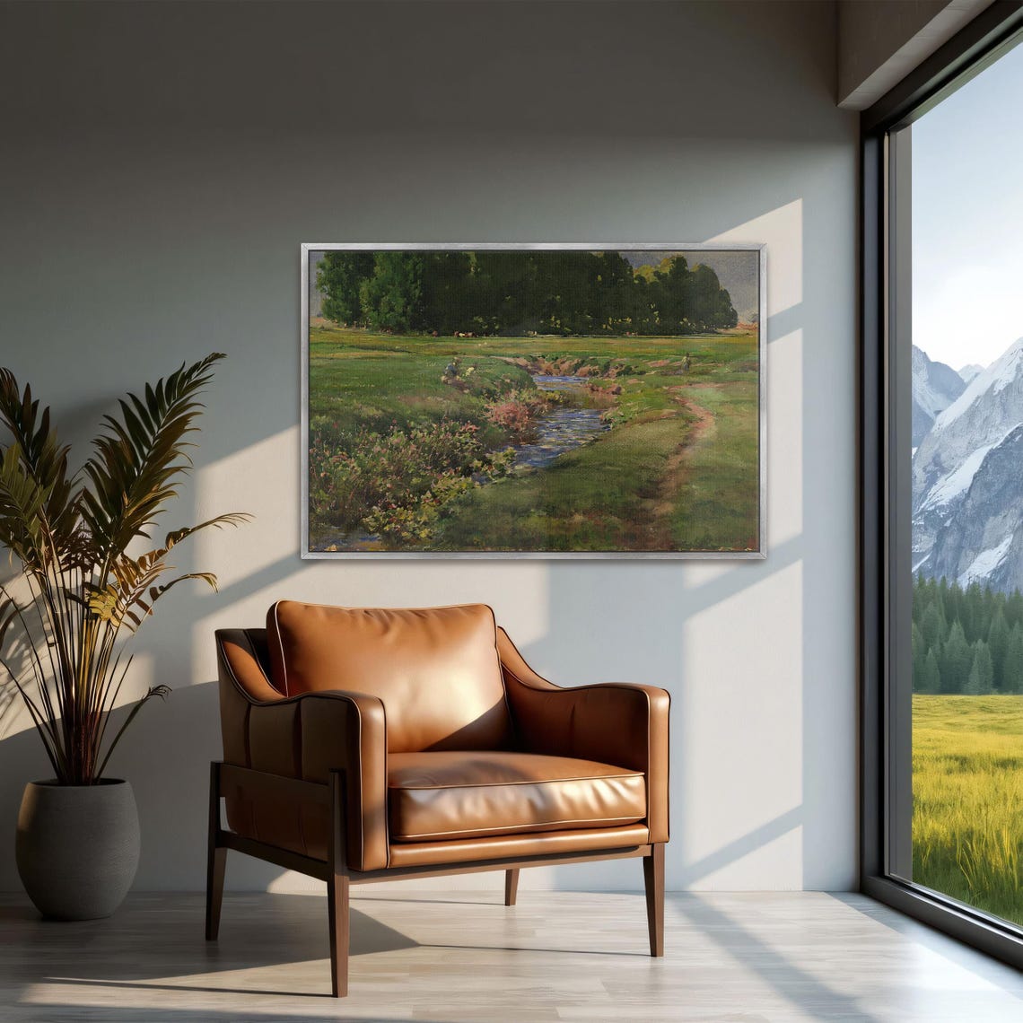 Framed Wall Art Of Stream Flows Through Green Field Landscape Print Green And Blue Entryway Decor Rustic Watercolor Painting - Image 3