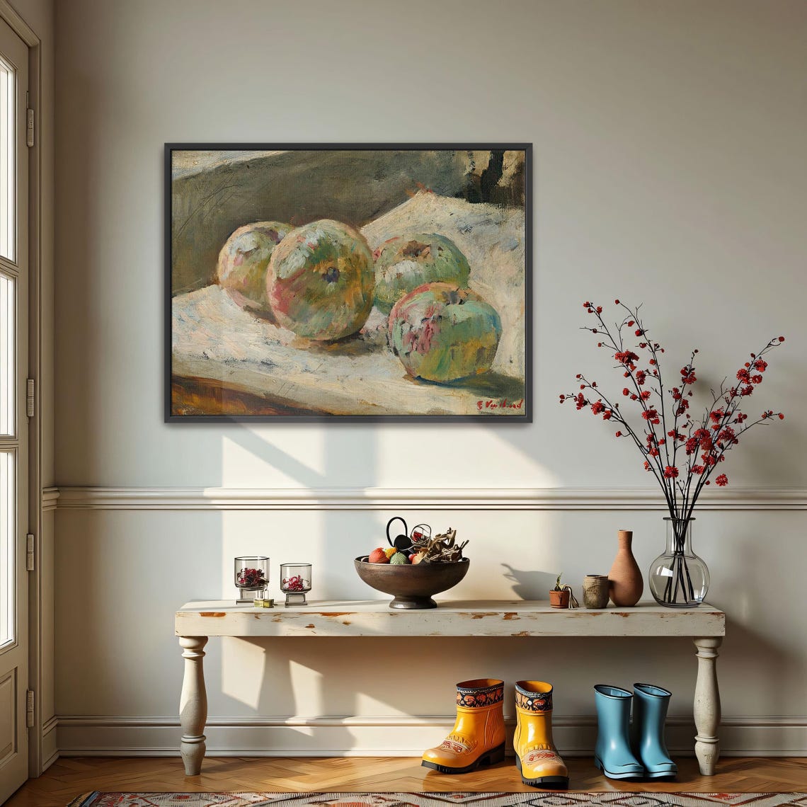 Four Green Apples Rustic Impressionist Still Life Painting Poster