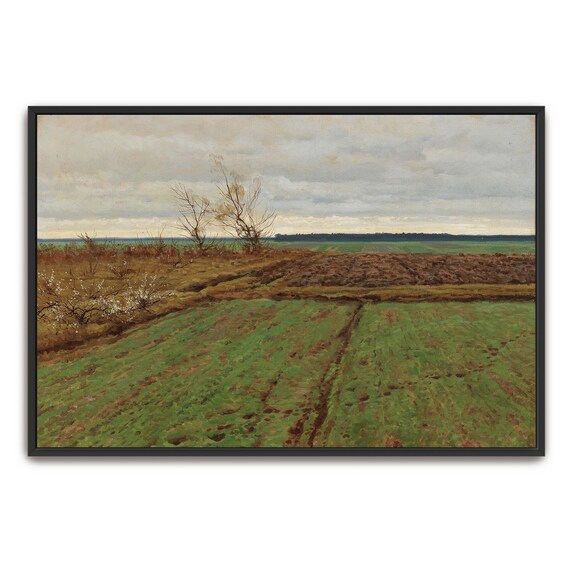 Large Framed Print Of Field With Trees And Cloudy Sky Landscape Fine Art Print Green And Brown Entryway Decor