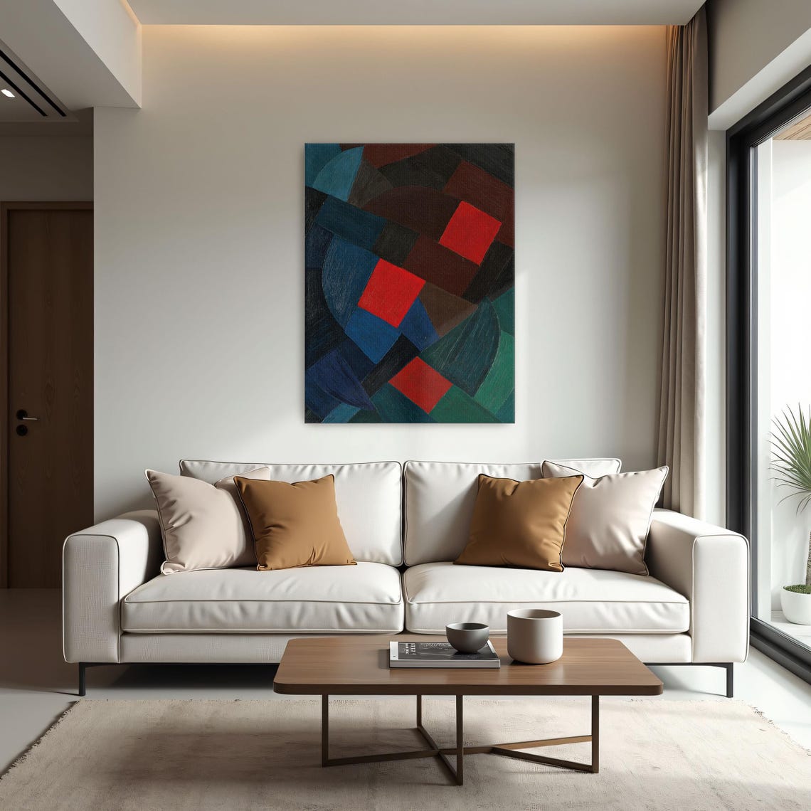 Framed Wall Art Of Abstract Geometric Painting With Red Squares Geometric Wall Art Blue And Green Living Room Artwork - Image 2