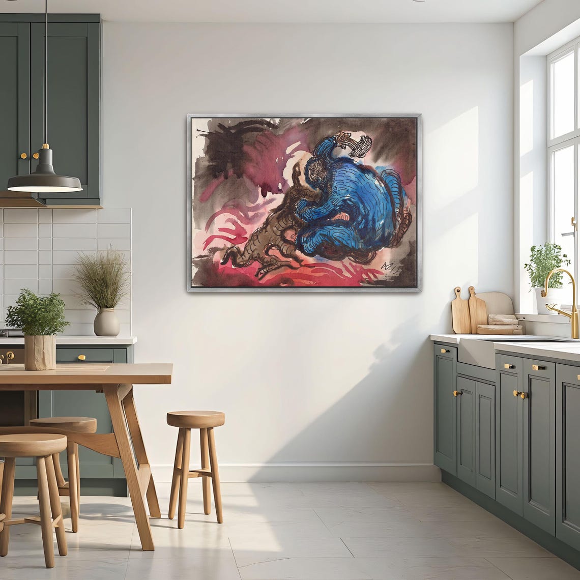 Blue Figure With Brown Beast Expressionist Watercolor Poster - Image 2