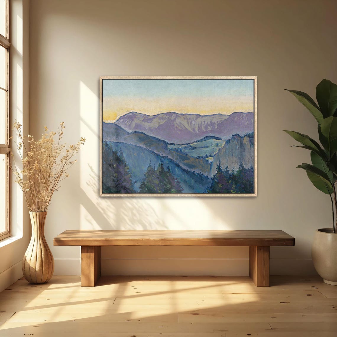 Framed Print Of Mountain Landscape At Sunset Mountain Fine Art Print Purple And Blue Living Room Decor Rustic Oil Painting - Image 2