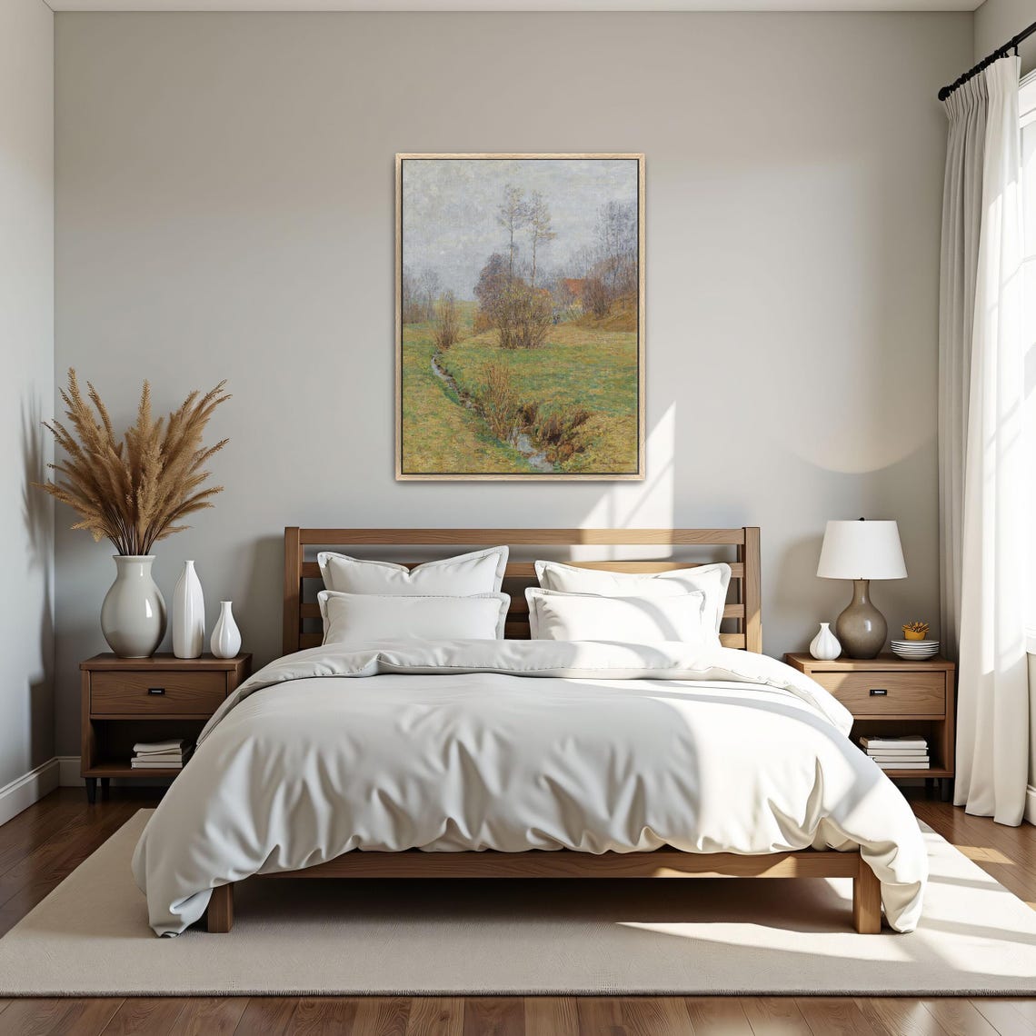 Framed Print Of A Stream Flows Through A Grassy Field Landscape Wall Art Green And Gray Living Room Art Print - Image 5
