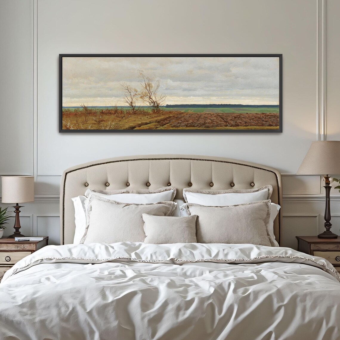 Landscape Painting With Trees And Field Panoramic Wall Art Horizontal Framed Art Above Bed Wall Art Bedroom And Living Room Art Wide - Image 4