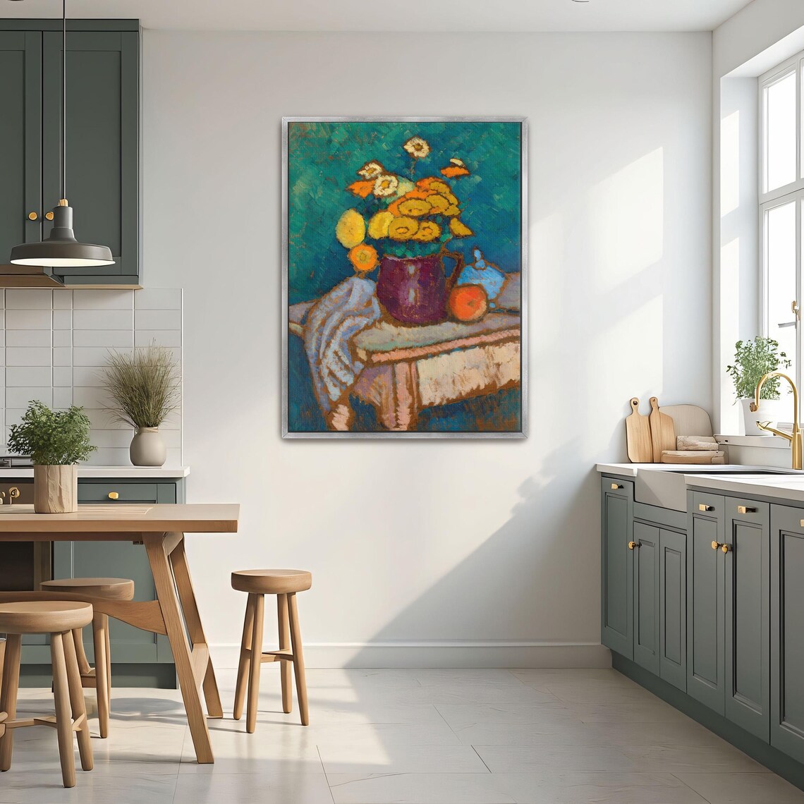 Yellow Flowers In A Purple Jug On A Table Still Life Painting Poster - Image 2