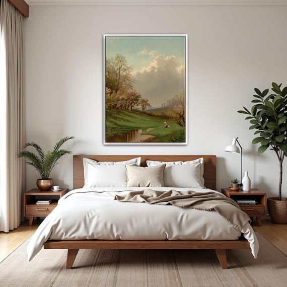 Large Framed Print Of Two Children By A Stream In A Spring Landscape Landscape Fine Art Print Green And Blue Bedroom Artwork