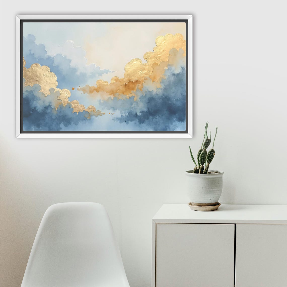 Golden Edged Blue Clouds In Gold Leaf Watercolor Abstract Art Poster - Image 2
