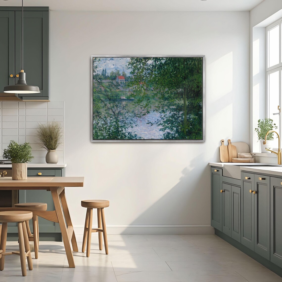 Claude Monet Framed Wall Art River Scene With Trees And House Landscape Print Green And Blue Bedroom Art Print Boho Decor - Image 2