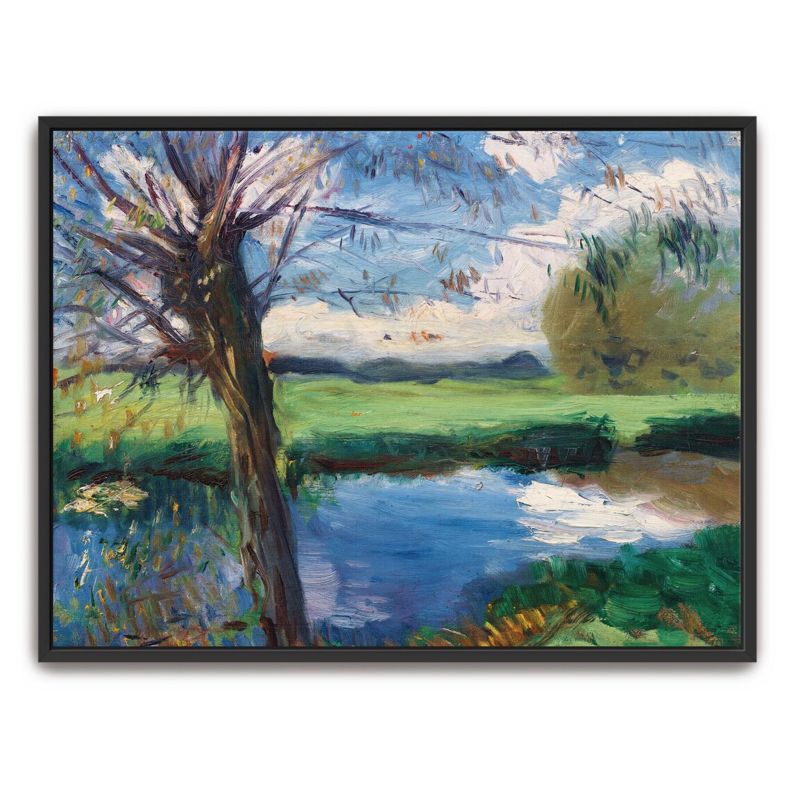 Framed Wall Art Of River Landscape With Trees And Sky Landscape Print Blue And Green Bedroom Artwork Rustic Oil Painting