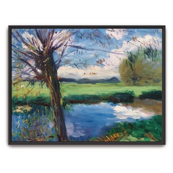 Framed Wall Art Of River Landscape With Trees And Sky Landscape Print Blue And Green Bedroom Artwork Rustic Oil Painting